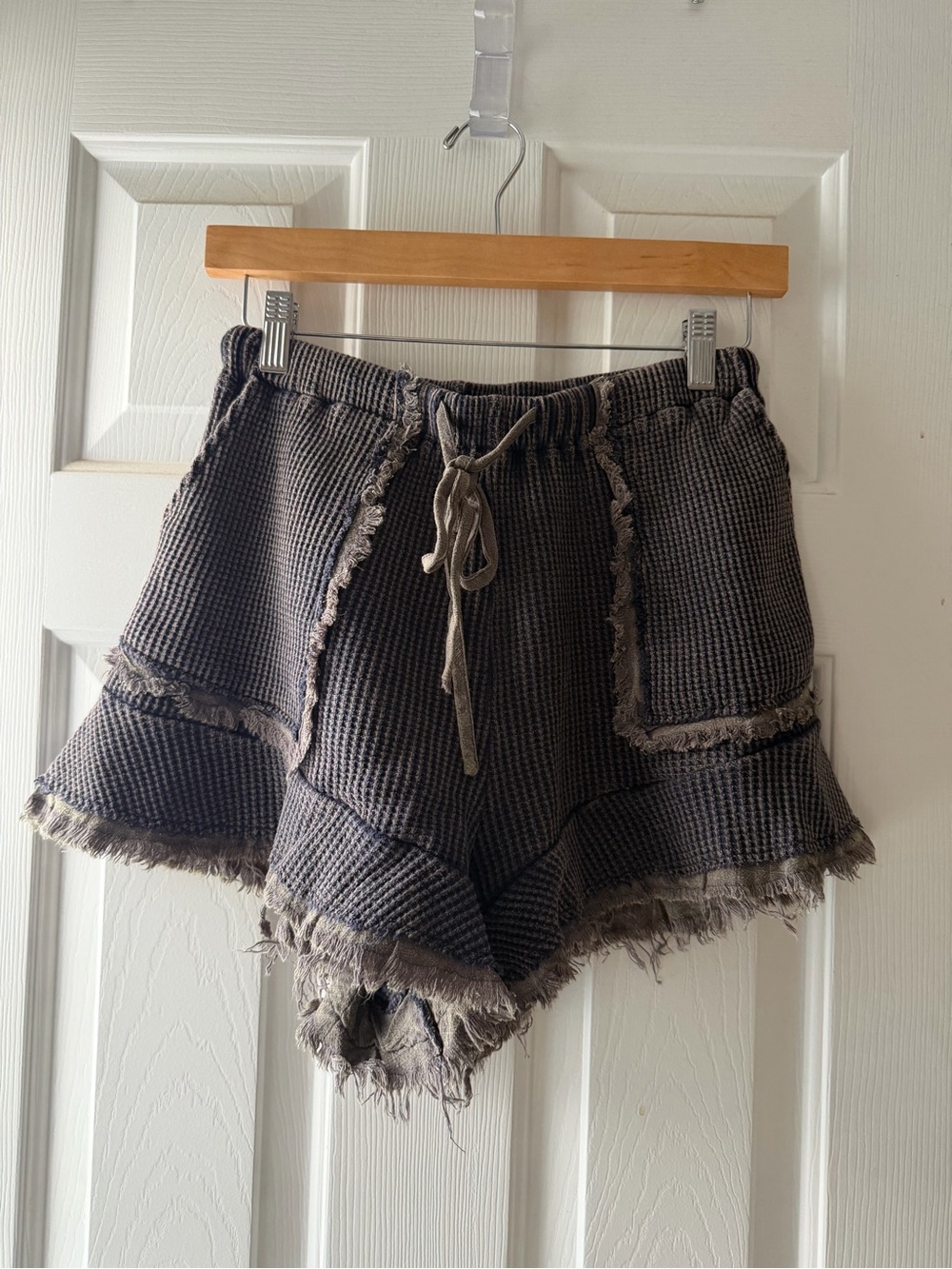 Washed Charcoal Frayed Waffle Knit Drawstring Shorts